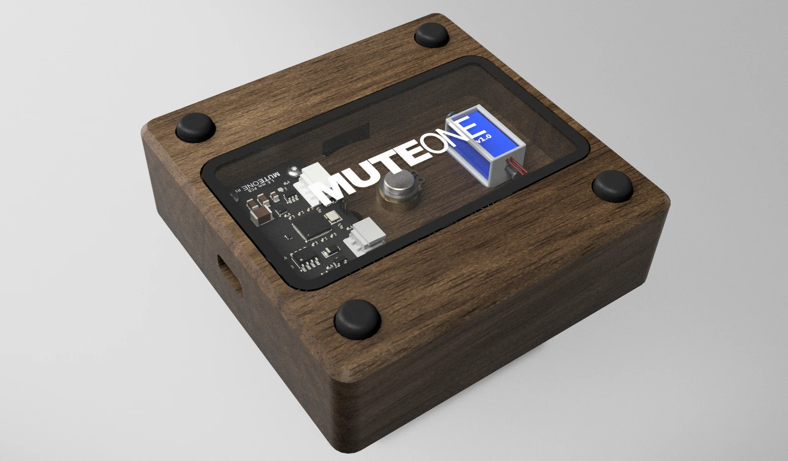 Design render showing MuteOne’s branded glass base, internal electronics and four feet